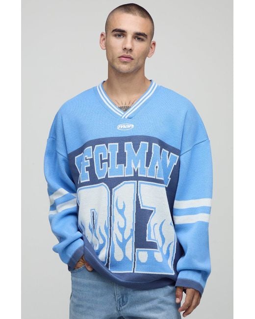 BoohooMAN Blue Flame Varsity Jacquard Knitted Long Sleeve Hockey Top for men