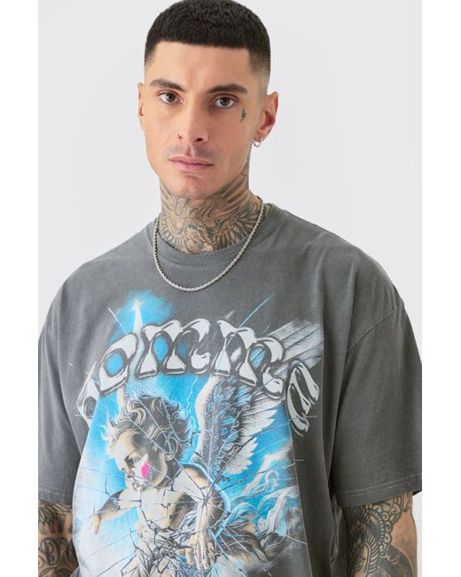 BoohooMAN Blue Tall Oversized Angel Acid Wash T-shirt In Grey for men