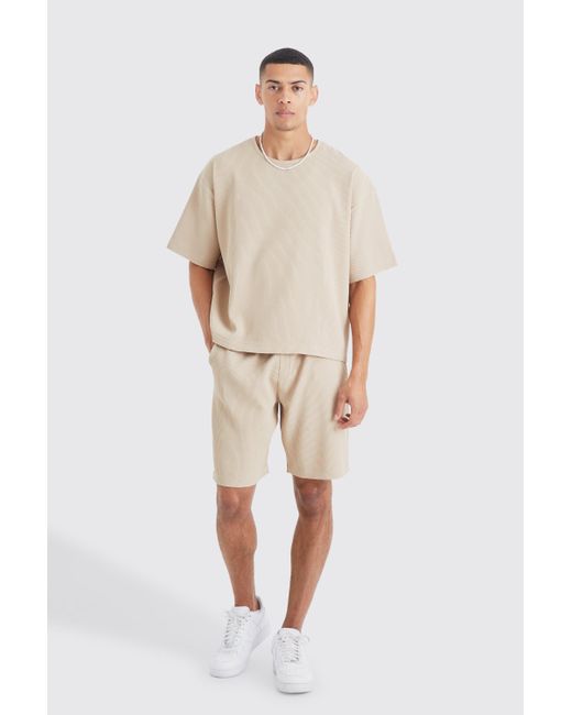 BoohooMAN Natural Pleated Oversized Boxy T-shirt And Short Set for men