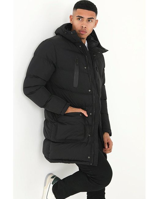 BoohooMAN Black Brave Soul Longline Hooded Padded Jacket for men