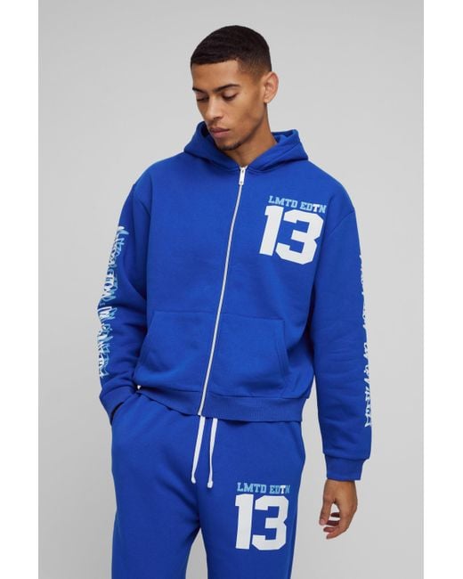 BoohooMAN Blue Oversized Boxy Limited Varsity Graffiti Zip Through Hooded Tracksuit for men