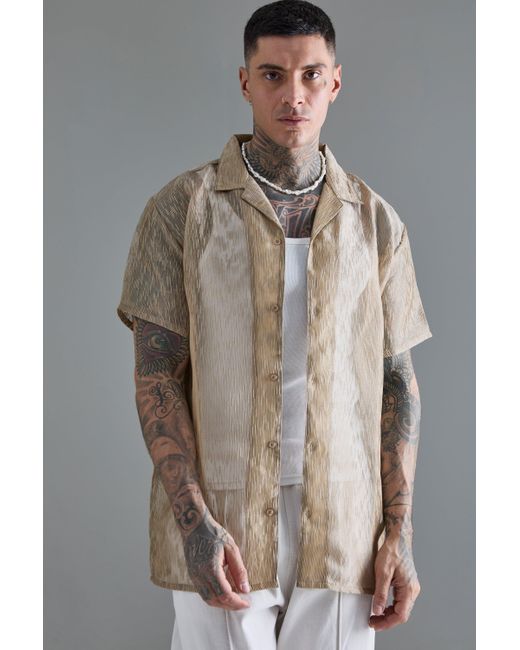 BoohooMAN Brown Tall Short Sleeve Oversized Sheer Lace Textured Shirt for men