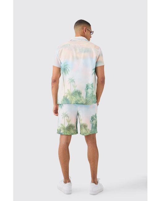 BoohooMAN Blue Linen Look Watercolour Landscape Shirt & Short for men
