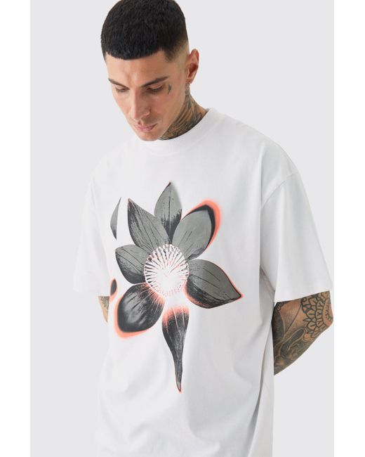 BoohooMAN White Tall Oversized Extended Neck Abstract Floral Print T-shirt for men