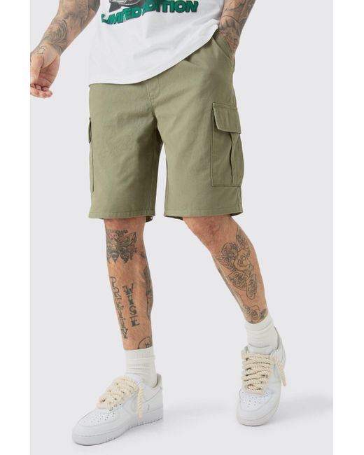 BoohooMAN Green Tall Elastic Waist Khaki Relaxed Fit Cargo Shorts for men
