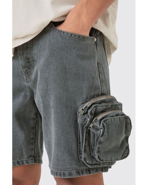 BoohooMAN Blue Slim Fit 3d Cargo Pocket Denim Shorts In Light Grey for men