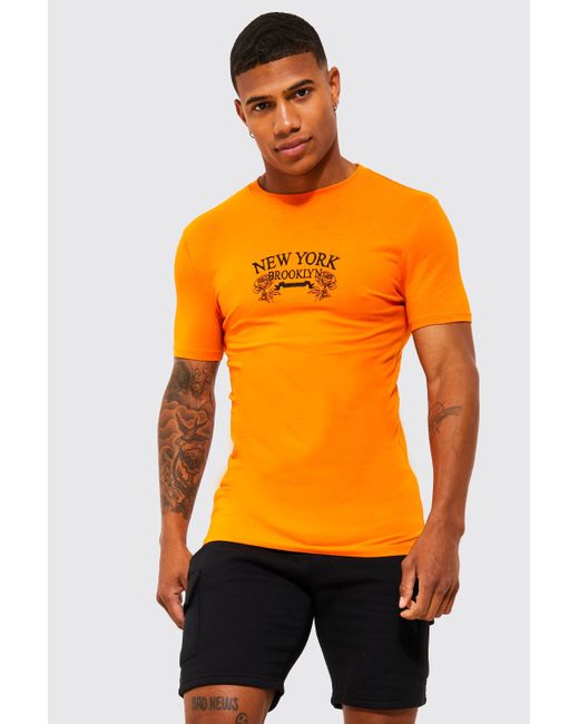 BoohooMAN Denim Muscle Fit New York Tshirt in Orange for Men Lyst