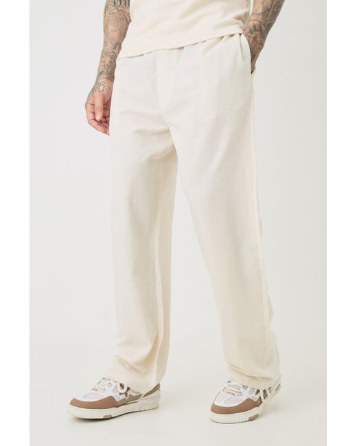 BoohooMAN White Tall Elasticated Waist Relaxed Linen Pants In Natural for men