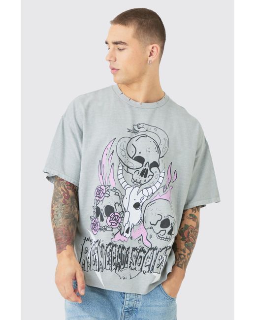 BoohooMAN Gray Oversized Heavyweight Skull Wash Graphic T-shirt for men