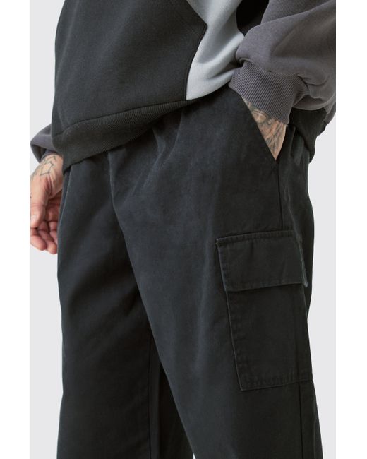 BoohooMAN Tall Elastic Waist Twil Relaxed Fit Cargo Trouser in Black für Herren
