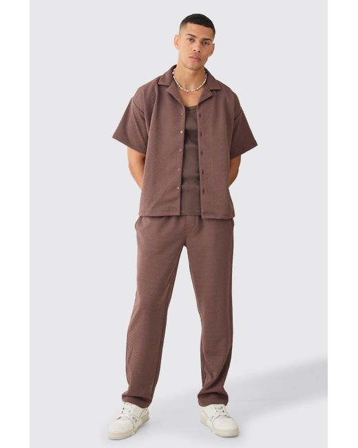 BoohooMAN Brown Short Sleeve Boxy Textured Stretch Shirt & Trouser for men