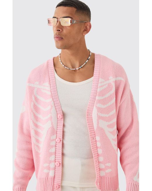BoohooMAN Pink Boxy Oversized Skeleton Jacquard Cardigan for men
