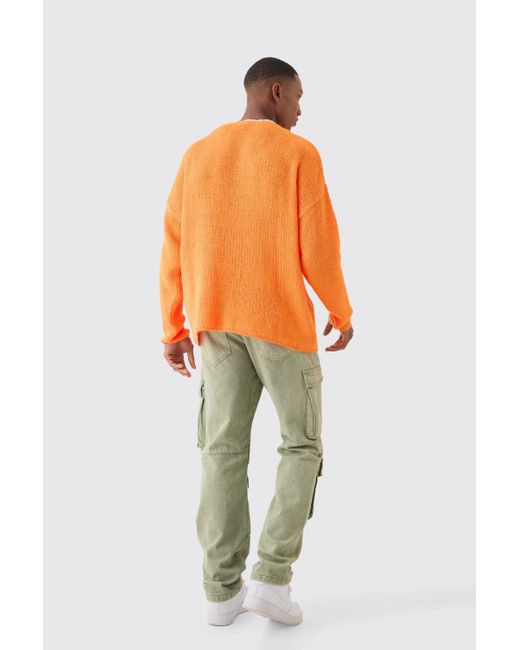 BoohooMAN Oversized Boxy Jacquard Varsity Open Stitch Sweater In Orange for men