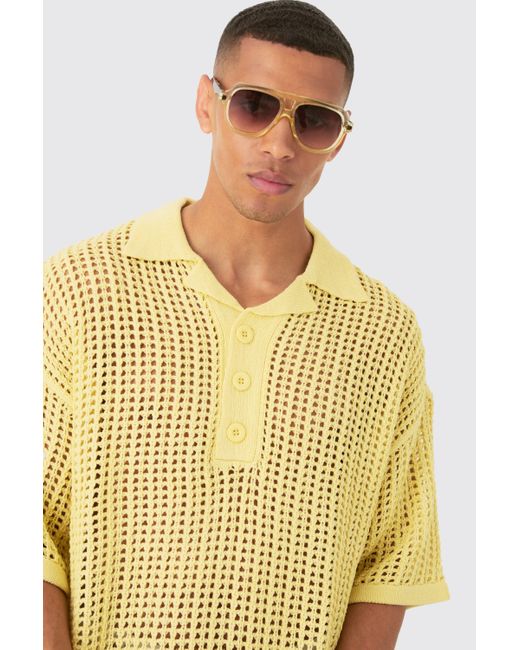 BoohooMAN Yellow Oversized Open Stitch Deep Revere Knit Polo for men