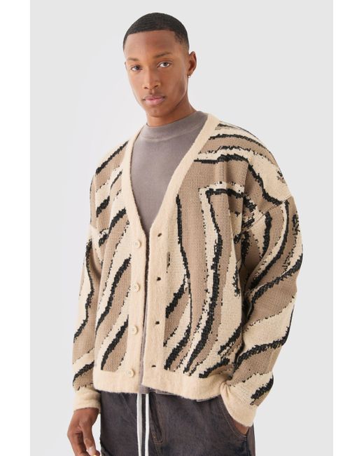 BoohooMAN Natural Boxy Oversized Brushed Abstract All Over Jacquard Cardigan for men