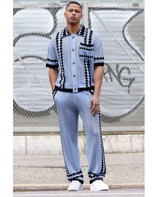 BoohooMAN Blue Boxy Open Stitch Polo Trouser Knitted Set for men