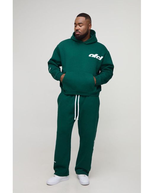 BoohooMAN Green Plus Oversized Boxy Ofcl Print Hoodie & Baggy Fit Extended Drawcord Jogger Tracksuit for men