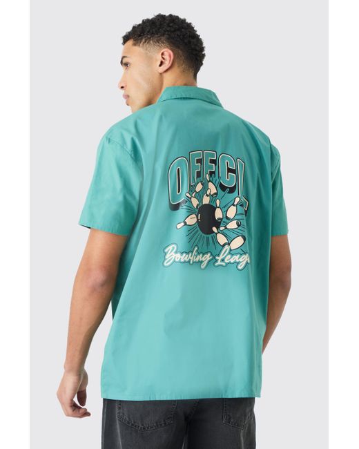 BoohooMAN Green Short Sleeve Poplin Oversized Offcl Bowling Shirt for men