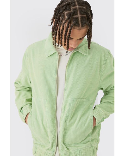 BoohooMAN Green Acid Wash Cord Bomber In Sage for men