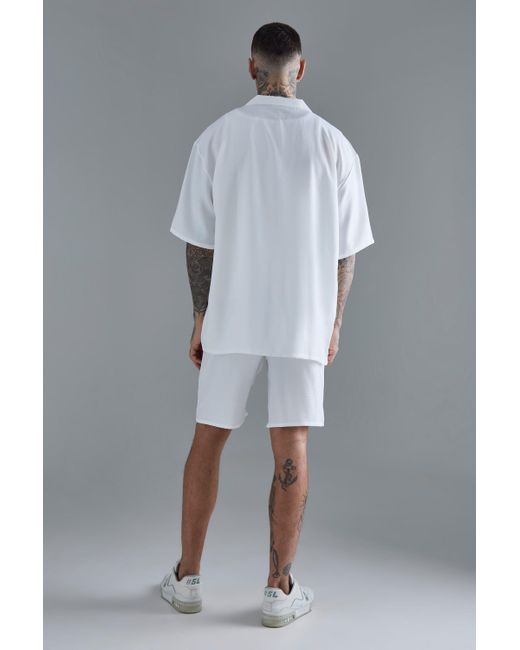BoohooMAN Gray Tall Short Sleeve Drop Revere Linen Shirt & Short Set In White for men