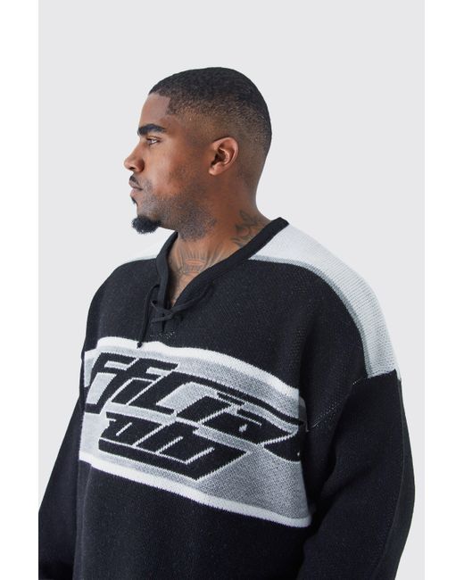 BoohooMAN Black Plus Oversized Knitted Hockey Top With Tie Detail for men