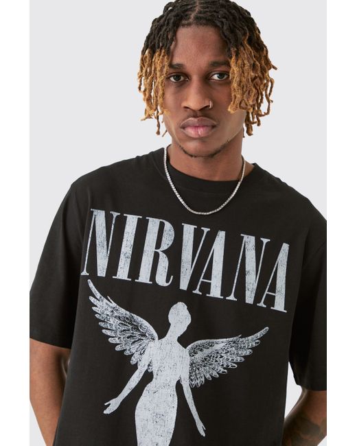 BoohooMAN Black Tall Nirvana Tour Dates Back Print License T-shirt for men