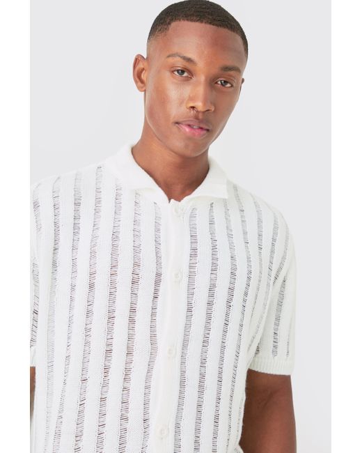 BoohooMAN Oversized Boxy Open Ladder Stitch Knitted Shirt In White for men