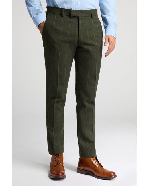 BoohooMAN Green Antique Rogue Slim Fit Check Tweed Trousers for men
