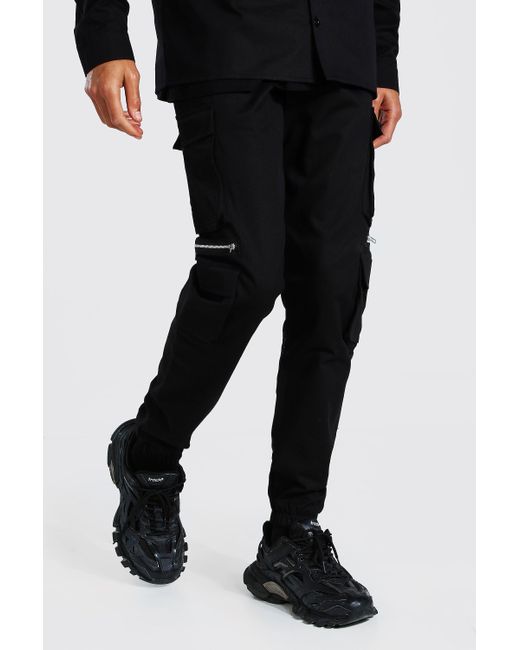 BoohooMAN Denim Tall Man Twill Zip Multi Pocket Cargo Pants in Black for  Men | Lyst