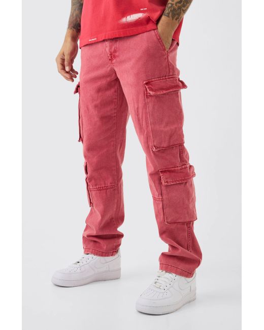 BoohooMAN Red Straight Heavyweight Twill Acid Washed Cargo Trousers for men