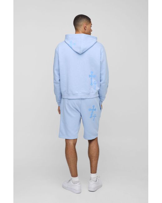 BoohooMAN Blue Oversized Boxy Gothic M Cross Print Hooded Zip Through Short Tracksuit for men