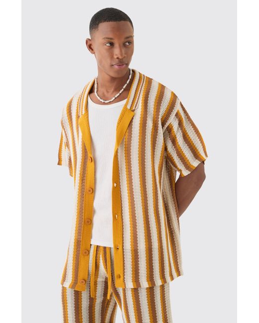 Boohoo Yellow Oversized Open Stitch Stripe Knit Shirt In Mustard