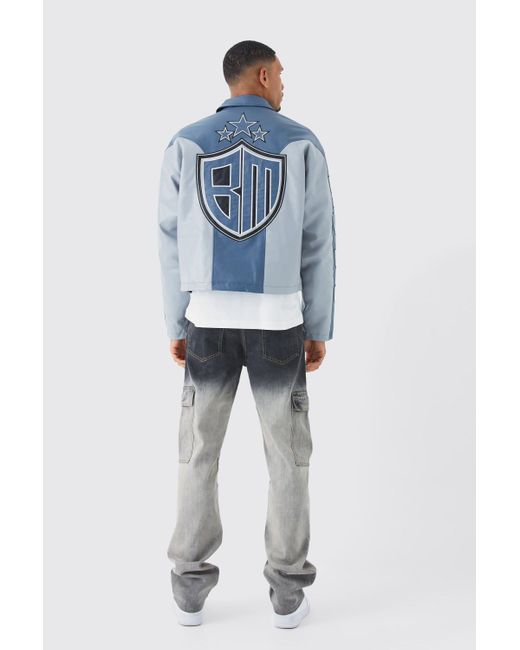 BoohooMAN Blue Tall Boxy Pu Panelled Bomber With Badges for men