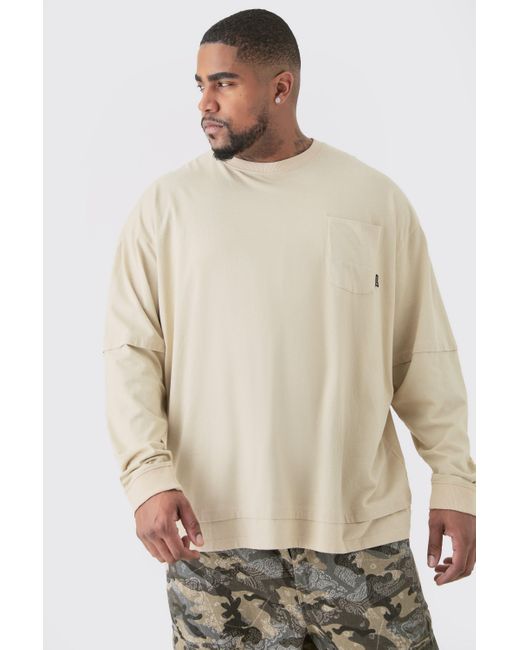 BoohooMAN Plus Oversized Washed Carded Heavy Faux Layer T-shirt in Natural für Herren