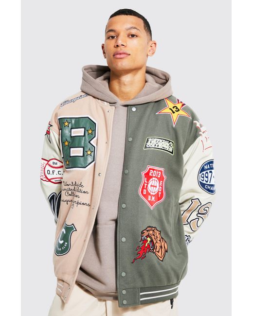BoohooMAN Synthetic Tall Oversized Spliced Tiger Varsity Jacket in