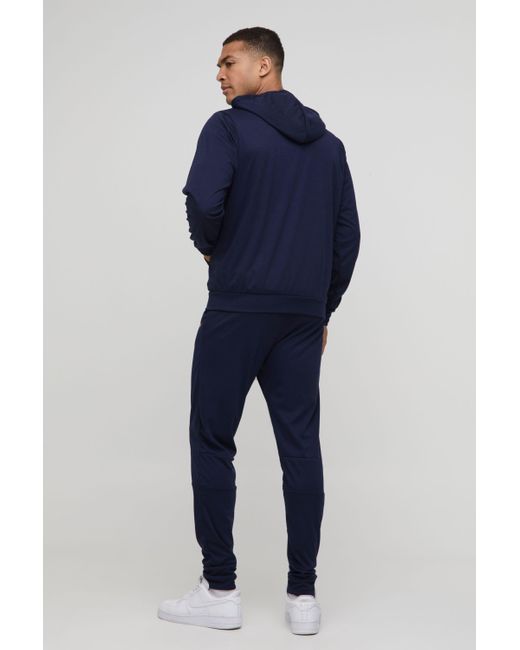 BoohooMAN Blue Regular Fit Interlock Panelled Hooded Zip Through Tracksuit for men