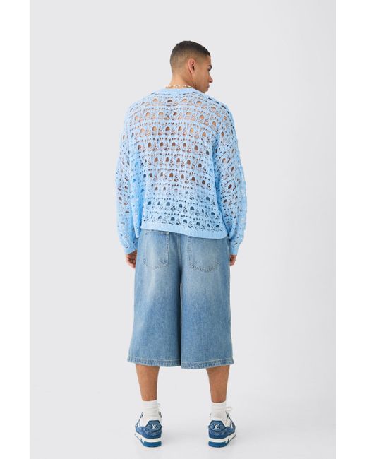 BoohooMAN Oversized Boxy Drop Shoulder Open Knit Sweater In Blue for men