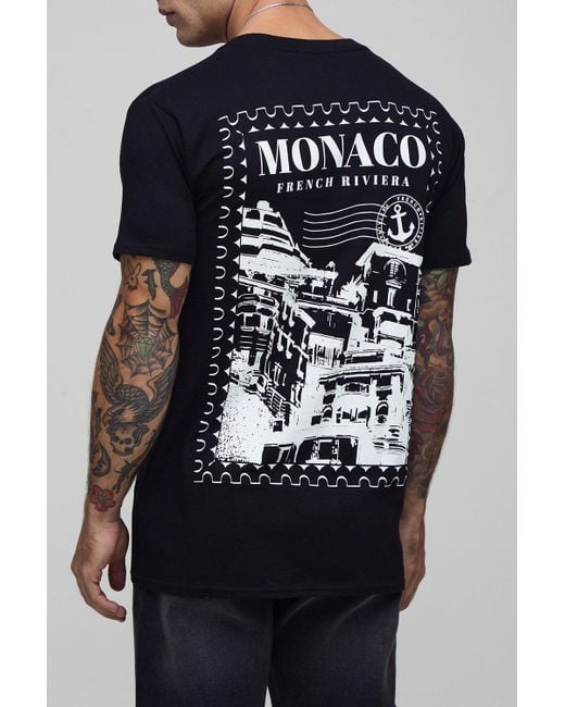 BoohooMAN Black Regular Fit Monaco Stencil Printed T-Shirt for men