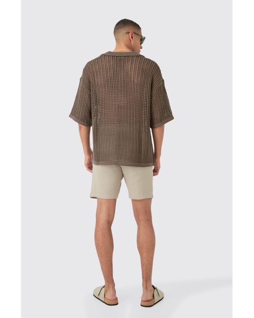 BoohooMAN Brown Oversized Open Stitch Deep Revere Knit Polo for men