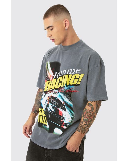 BoohooMAN Gray Oversized Car Chase Graphic T-shirt for men