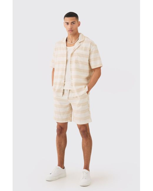 BoohooMAN Natural Oversized Short Sleeve Open Weave Shirt & Short Set for men
