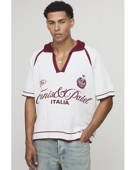 BoohooMAN Kastiger Raglan Italia Strick-Poloshirt mit V-Ausschnitt in White für Herren