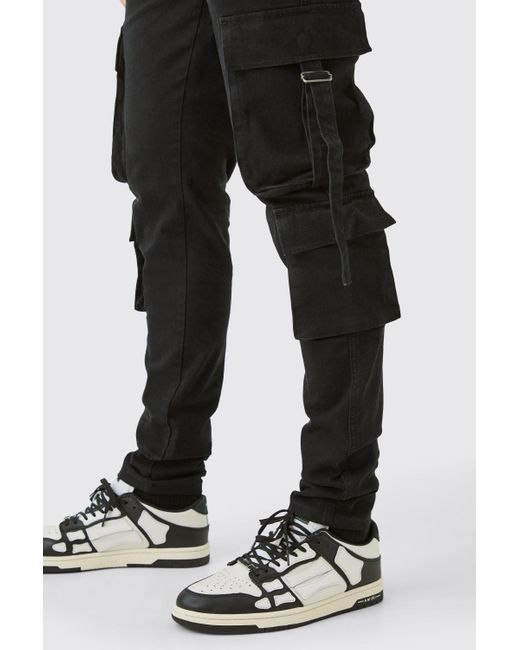 BoohooMAN Tall Stretch Skinny Cargo Pocket Detail Jean In True Black für Herren