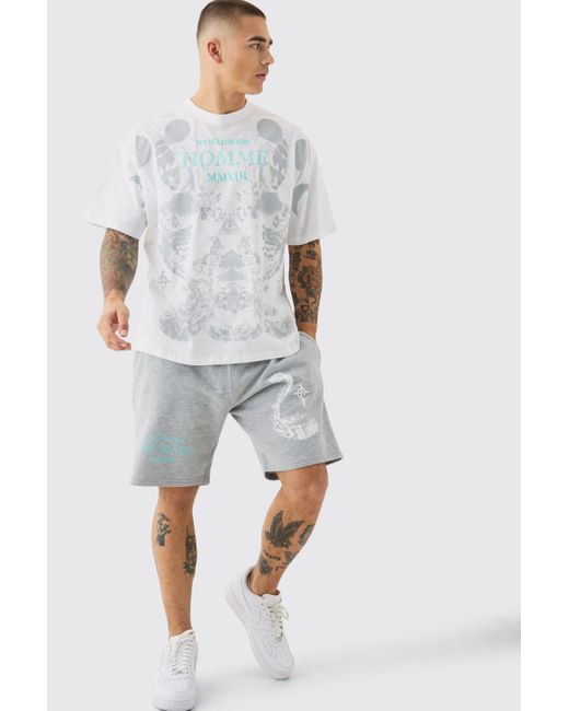 BoohooMAN Gray Oversized Extended Neck Moon Large Graphic Shorts Set for men
