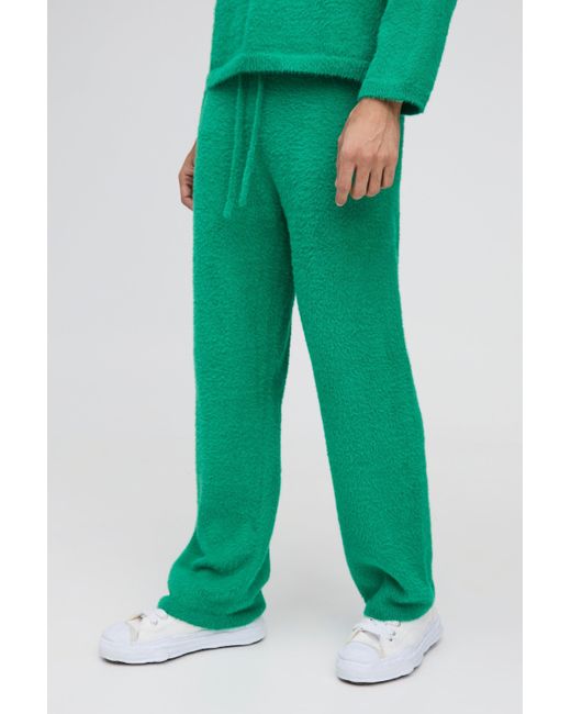 BoohooMAN Green Relaxed Fit Fluffy Knitted Sweatpants for men