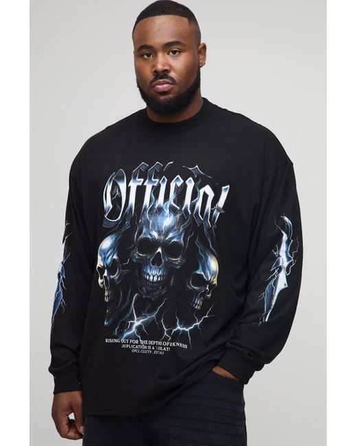 BoohooMAN Blue Plus Oversized Official Skulls Large Scale Long-Sleeved Print T-Shirt for men