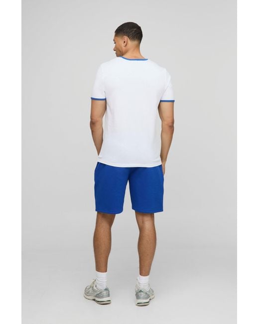 BoohooMAN Blue Relaxed Fit Embroidered Mid Length Shorts for men