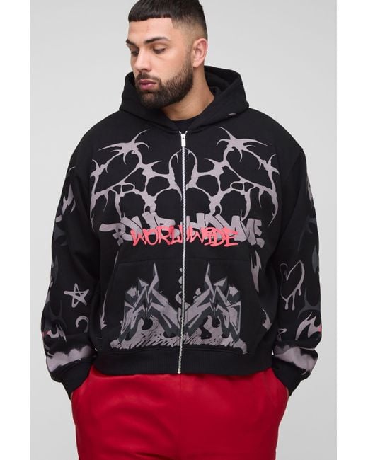 Boohoo Gray Plus kastiger Oversize Hoodie mit Worldwide-Print