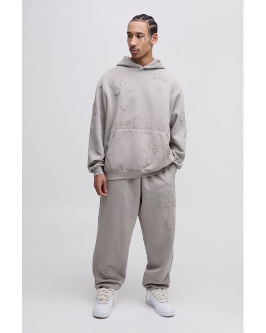 BoohooMAN Gray Oversized Worldwide Cross Applique Hooded Tracksuit for men