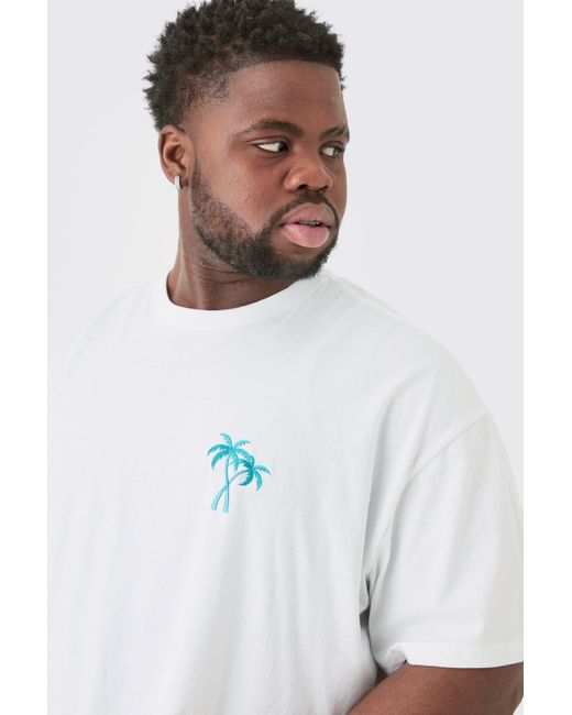 BoohooMAN Plus Oversized Palm Tree Embroidered T-shirt In White for men